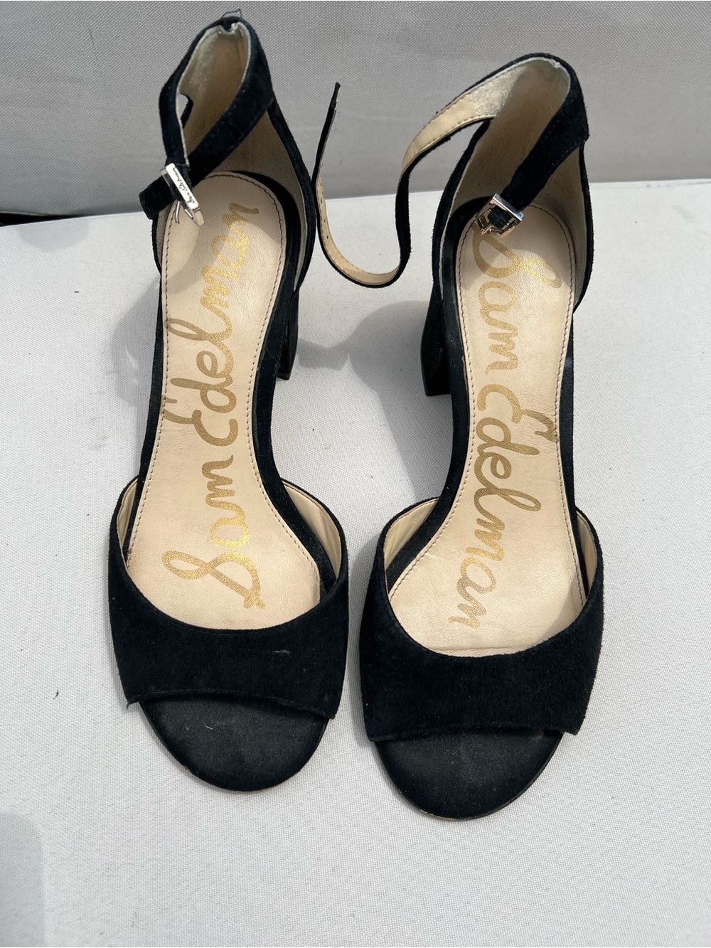 Sam Edelman Black Suede Open-Toe Ankle Strap Block Heels Sz 8.5